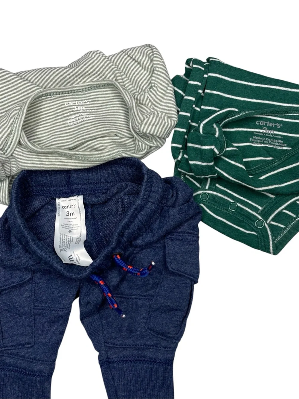 Carter's Green and Cream Striped Long-Sleeve Bodysuits with Navy Pants 3m